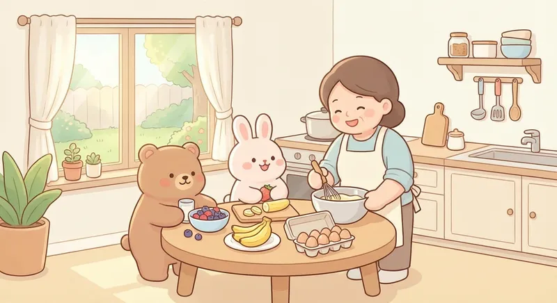 Happy Breakfast Time learning scene, Happy Breakfast Time kitchen scene, delicious ingredients being prepared, gentle pastel illustration designed for ages 3-4, rounded shapes, caring expressions, text-free illustration with clean unmarked background, balanced composition, soft cinematic lighting, harmonious color palette, inviting and joyful mood
