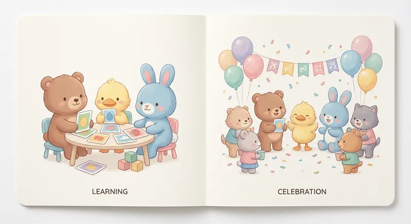 Happy Card Fun learning scene, Happy Card Fun celebration scene, balloons and confetti floating, gentle pastel illustration designed for ages 3-4, rounded shapes, caring expressions, text-free illustration with clean unmarked background, balanced composition, soft cinematic lighting, harmonious color palette, inviting and joyful mood