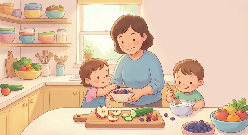 Happy Healthy Snacks learning scene, Happy Healthy Snacks kitchen scene, delicious ingredients being prepared, gentle pastel illustration designed for ages 3-4, rounded shapes, caring expressions, text-free illustration with clean unmarked background, balanced composition, soft cinematic lighting, harmonious color palette, inviting and joyful mood