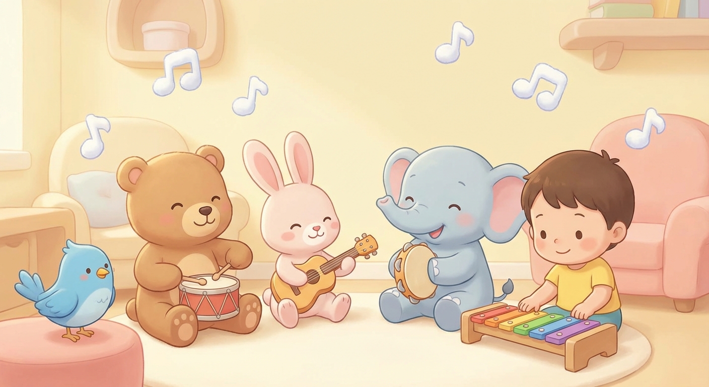 Happy Nursery Rhymes learning scene, Happy Nursery Rhymes music jam session, cheerful instruments and rhythm, gentle pastel illustration designed for ages 3-4, rounded shapes, caring expressions, text-free illustration with clean unmarked background, balanced composition, soft cinematic lighting, harmonious color palette, inviting and joyful mood