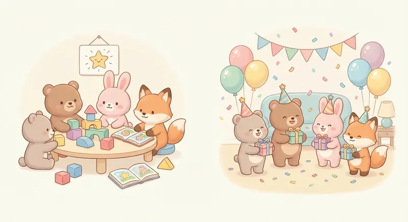 Happy Party Time learning scene, Happy Party Time celebration scene, balloons and confetti floating, gentle pastel illustration designed for ages 3-4, rounded shapes, caring expressions, text-free illustration with clean unmarked background, balanced composition, soft cinematic lighting, harmonious color palette, inviting and joyful mood