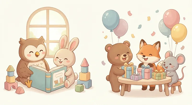 Happy Presents learning scene, Happy Presents celebration scene, balloons and confetti floating, gentle pastel illustration designed for ages 3-4, rounded shapes, caring expressions, text-free illustration with clean unmarked background, balanced composition, soft cinematic lighting, harmonious color palette, inviting and joyful mood