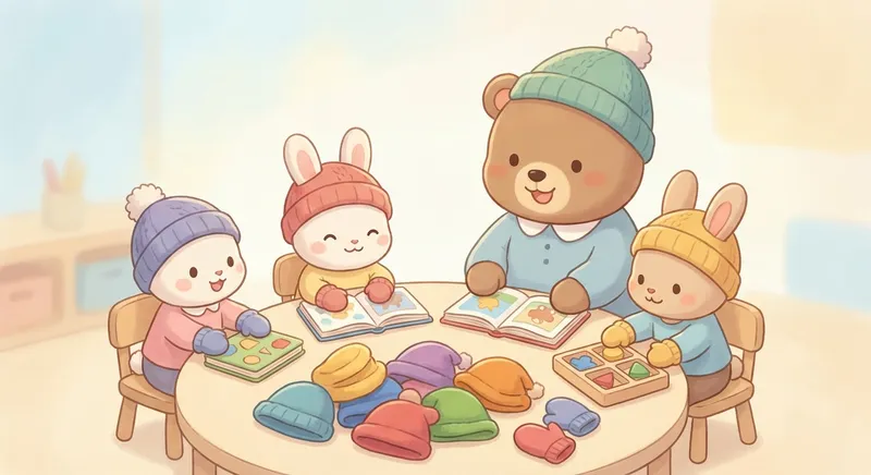 Hats and Mittens learning scene, Hats and Mittens learning scene filled with curiosity and joy, gentle pastel illustration designed for ages 3-4, rounded shapes, caring expressions, text-free illustration with clean unmarked background, balanced composition, soft cinematic lighting, harmonious color palette, inviting and joyful mood