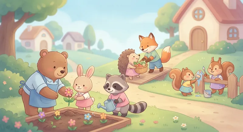 Helpers at Work learning scene, Helpers at Work community scene, neighbors helping each other, gentle pastel illustration designed for ages 3-4, rounded shapes, caring expressions, text-free illustration with clean unmarked background, balanced composition, soft cinematic lighting, harmonious color palette, inviting and joyful mood