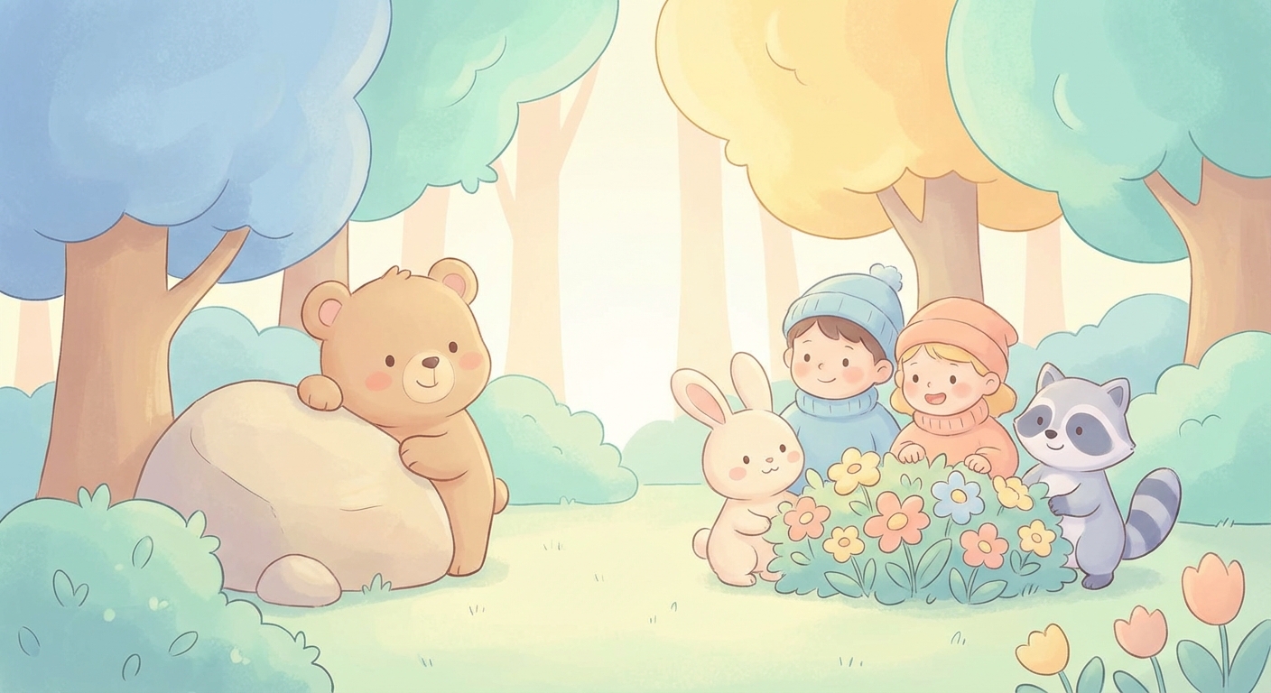 Hide and Seek in the Great Outdoors learning scene, Hide and Seek in the Great Outdoors learning scene filled with curiosity and joy, gentle pastel illustration designed for ages 3-4, rounded shapes, caring expressions, text-free illustration with clean unmarked background, balanced composition, soft cinematic lighting, harmonious color palette, inviting and joyful mood