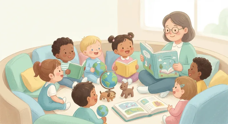 Holiday Stories for Little Explorers learning scene, Holiday Stories for Little Explorers learning scene filled with curiosity and joy, gentle pastel illustration designed for ages 3-4, rounded shapes, caring expressions, text-free illustration with clean unmarked background, balanced composition, soft cinematic lighting, harmonious color palette, inviting and joyful mood