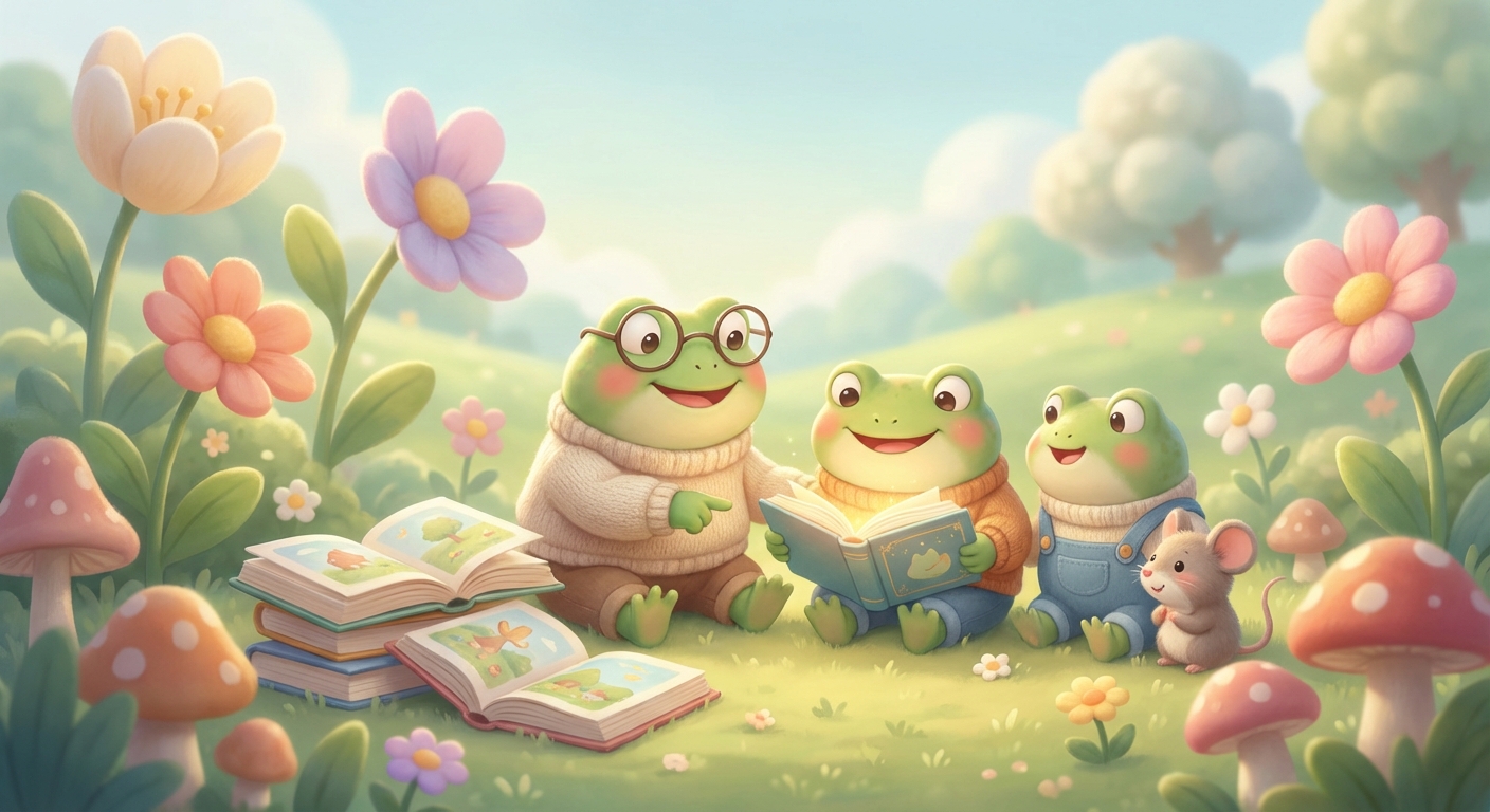 Hoppy Frog Friends learning scene, Hoppy Frog Friends animals discovering together, joyful storybook moment, gentle pastel illustration designed for ages 3-4, rounded shapes, caring expressions, text-free illustration with clean unmarked background, balanced composition, soft cinematic lighting, harmonious color palette, inviting and joyful mood