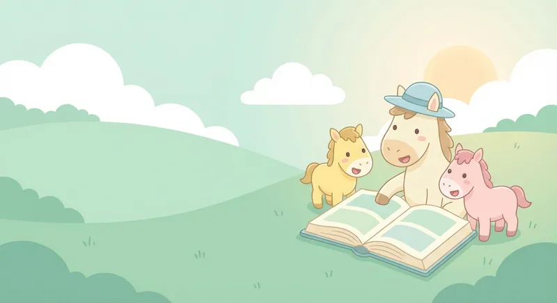 Horses learning scene, Horses animals discovering together, joyful storybook moment, gentle pastel illustration designed for ages 3-4, rounded shapes, caring expressions, text-free illustration with clean unmarked background, balanced composition, soft cinematic lighting, harmonious color palette, inviting and joyful mood
