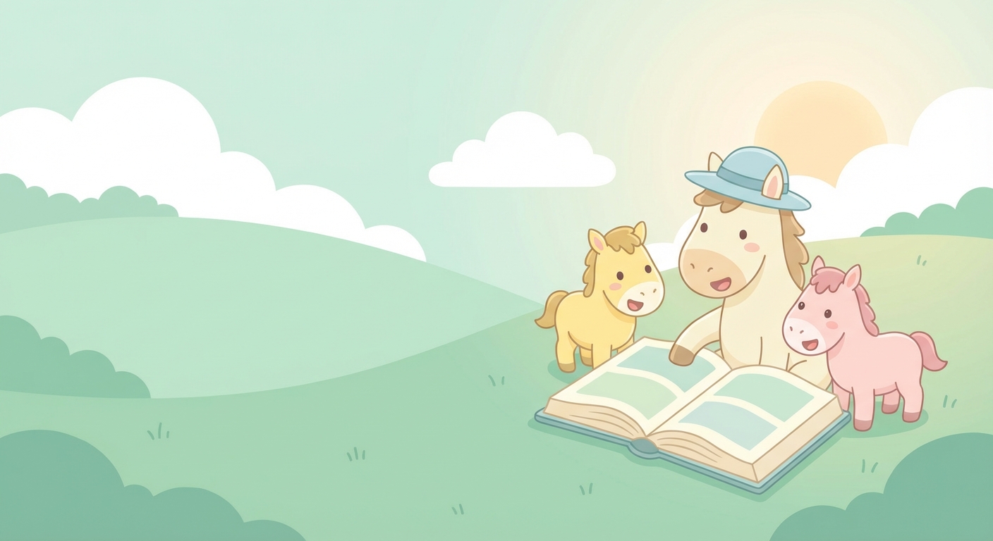 Horses learning scene, Horses animals discovering together, joyful storybook moment, gentle pastel illustration designed for ages 3-4, rounded shapes, caring expressions, text-free illustration with clean unmarked background, balanced composition, soft cinematic lighting, harmonious color palette, inviting and joyful mood