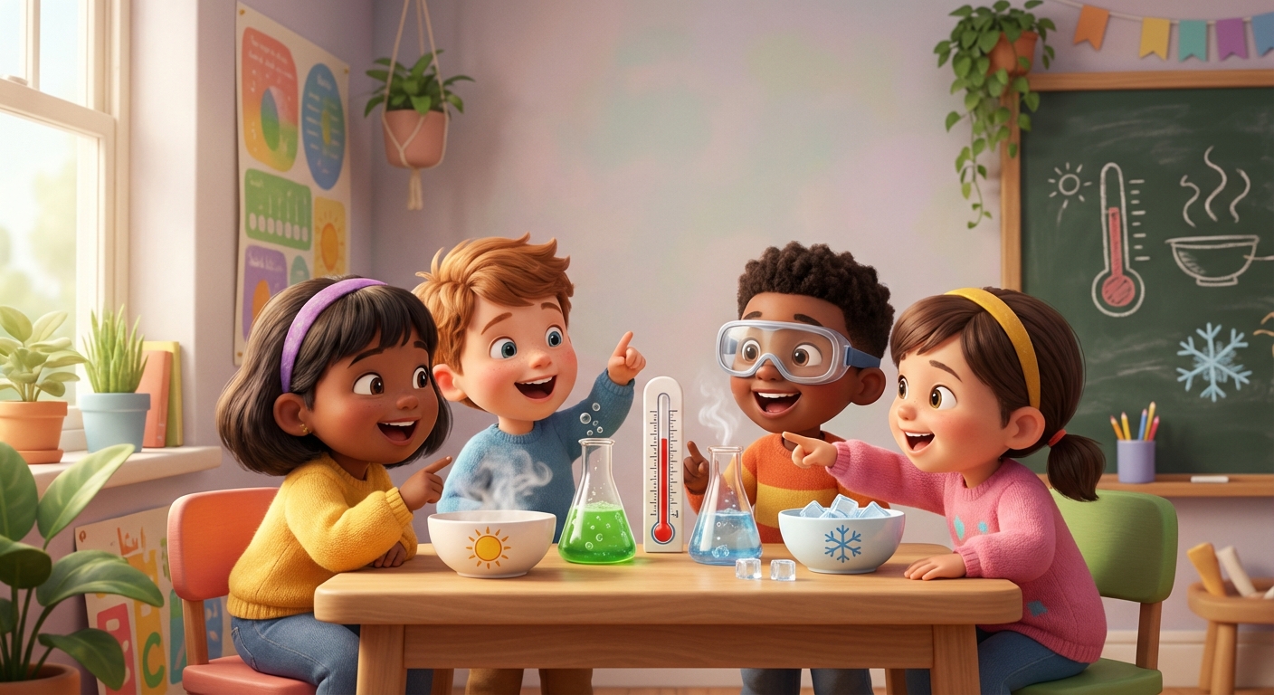 Hot and Cold learning scene, Hot and Cold experiment underway, curious kids collaborating, gentle pastel illustration designed for ages 3-4, rounded shapes, caring expressions, text-free illustration with clean unmarked background, balanced composition, soft cinematic lighting, harmonious color palette, inviting and joyful mood