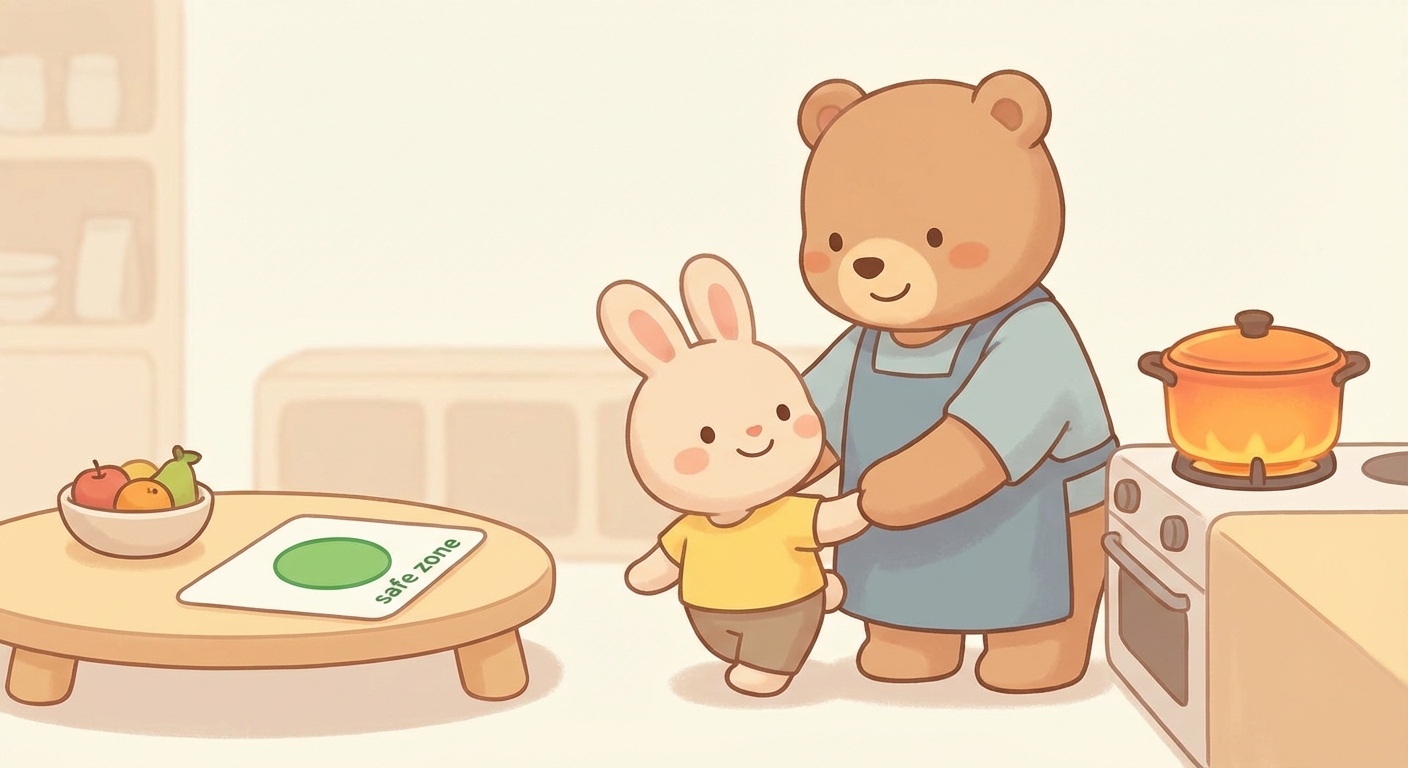 Hot Things Stay Safe learning scene, Hot Things Stay Safe safety tip demonstrated kindly and clearly, gentle pastel illustration designed for ages 3-4, rounded shapes, caring expressions, text-free illustration with clean unmarked background, balanced composition, soft cinematic lighting, harmonious color palette, inviting and joyful mood