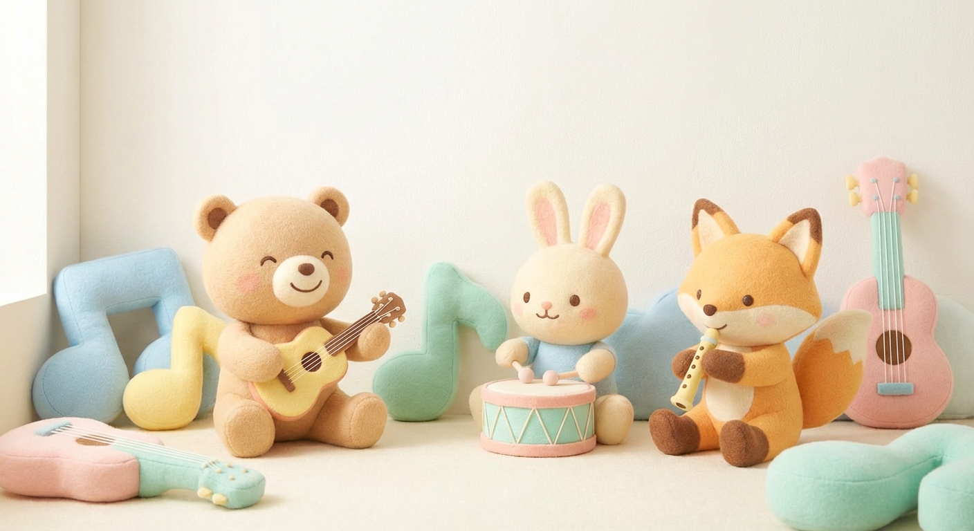 Humming Fun learning scene, Humming Fun music jam session, cheerful instruments and rhythm, gentle pastel illustration designed for ages 3-4, rounded shapes, caring expressions, text-free illustration with clean unmarked background, balanced composition, soft cinematic lighting, harmonious color palette, inviting and joyful mood