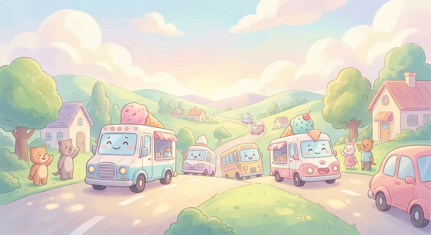 Ice Cream Truck Adventure learning scene, Ice Cream Truck Adventure journey, cheerful vehicles moving smoothly, gentle pastel illustration designed for ages 3-4, rounded shapes, caring expressions, text-free illustration with clean unmarked background, balanced composition, soft cinematic lighting, harmonious color palette, inviting and joyful mood