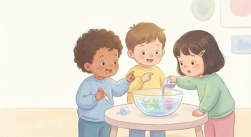 Ice Melting Magic learning scene, Ice Melting Magic experiment underway, curious kids collaborating, gentle pastel illustration designed for ages 3-4, rounded shapes, caring expressions, text-free illustration with clean unmarked background, balanced composition, soft cinematic lighting, harmonious color palette, inviting and joyful mood