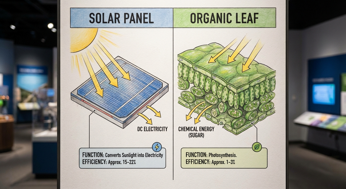 Illustration comparing a solar panel and a leaf, highlighting their functions and comparing their efficiency rates.