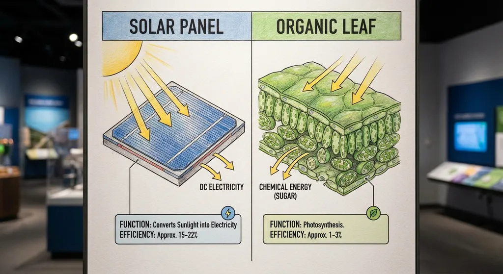 Illustration comparing a solar panel and a leaf, highlighting their functions and comparing their efficiency rates.