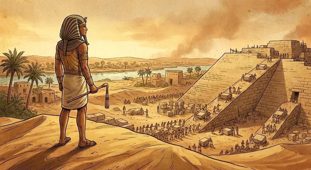 Illustration of an Ancient Egyptian pharaoh wearing a headdress, overseeing the construction of a pyramid.
