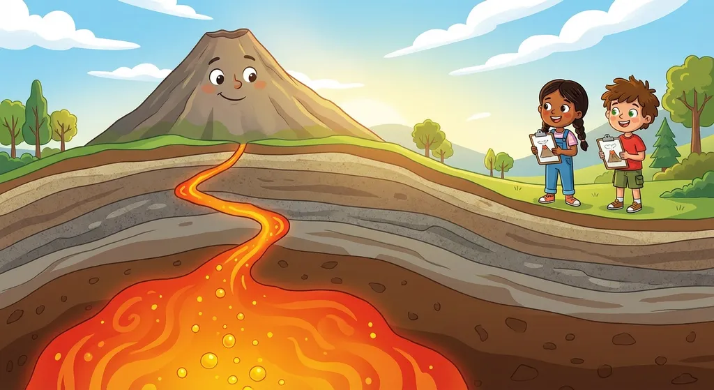 illustration of magma chamber below volcano finding a weak spot in the crust