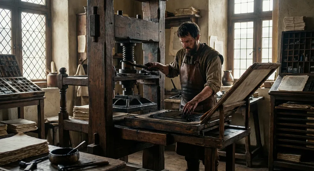 Johannes Gutenberg working at his wooden printing press