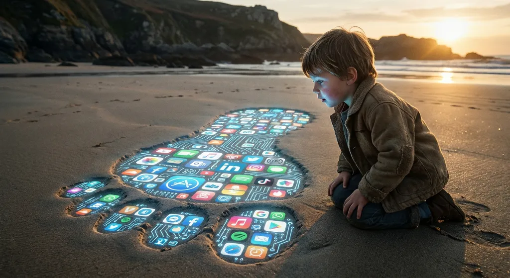 kid looking at a giant footprint made of digital icons
