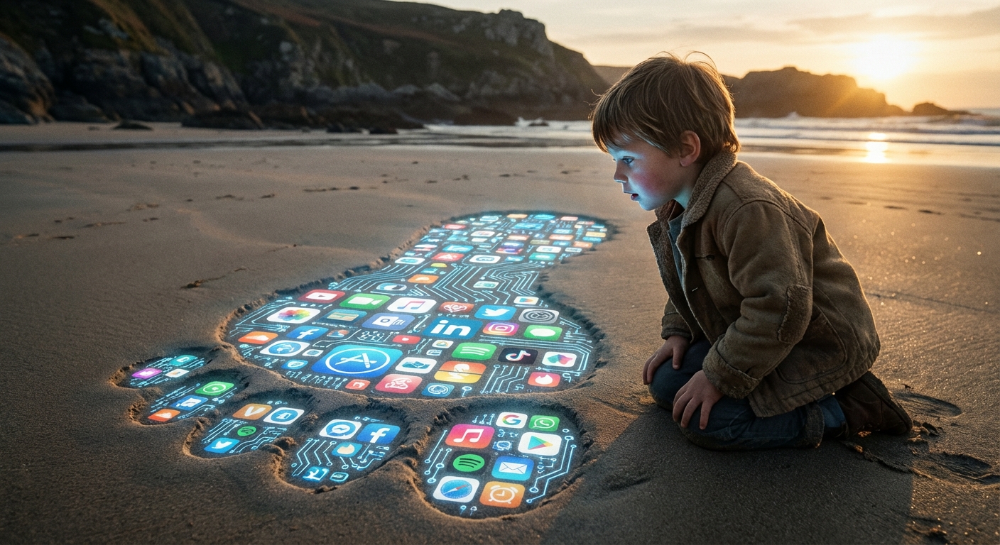 kid looking at a giant footprint made of digital icons