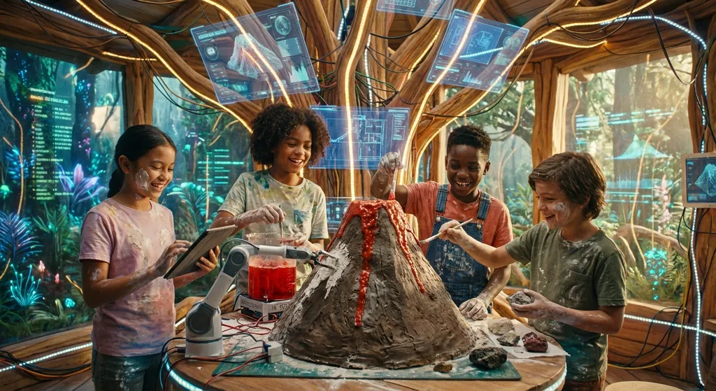 kids collaborating on a model volcano project in a digital treehouse