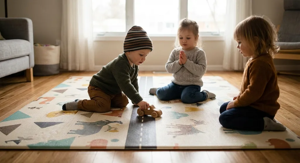 kids taking turns on a colorful play mat