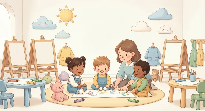 Let s Draw Together learning scene, Let s Draw Together art activity, colorful studio energy and creativity, gentle pastel illustration designed for ages 3-4, rounded shapes, caring expressions, text-free illustration with clean unmarked background, balanced composition, soft cinematic lighting, harmonious color palette, inviting and joyful mood