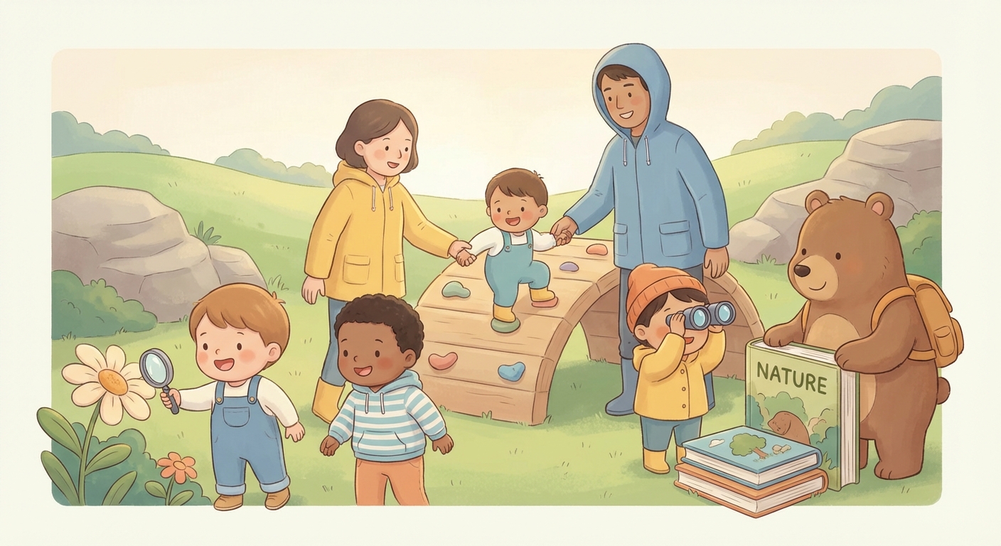 Let s Go Climbing Outdoors learning scene, Let s Go Climbing Outdoors learning scene filled with curiosity and joy, gentle pastel illustration designed for ages 3-4, rounded shapes, caring expressions, text-free illustration with clean unmarked background, balanced composition, soft cinematic lighting, harmonious color palette, inviting and joyful mood