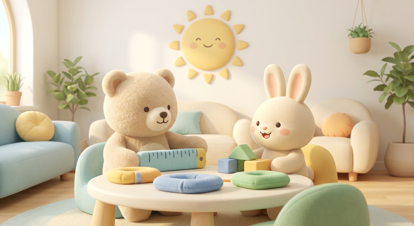 Let s Measure Fun learning scene, Let s Measure Fun learning scene filled with curiosity and joy, gentle pastel illustration designed for ages 3-4, rounded shapes, caring expressions, text-free illustration with clean unmarked background, balanced composition, soft cinematic lighting, harmonious color palette, inviting and joyful mood