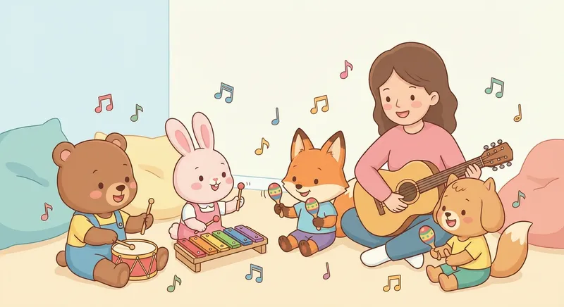 Let s Move to Music learning scene, Let s Move to Music music jam session, cheerful instruments and rhythm, gentle pastel illustration designed for ages 3-4, rounded shapes, caring expressions, text-free illustration with clean unmarked background, balanced composition, soft cinematic lighting, harmonious color palette, inviting and joyful mood