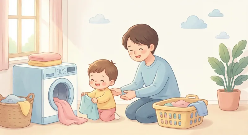 Let s Wash Clothes learning scene, Let s Wash Clothes learning scene filled with curiosity and joy, gentle pastel illustration designed for ages 3-4, rounded shapes, caring expressions, text-free illustration with clean unmarked background, balanced composition, soft cinematic lighting, harmonious color palette, inviting and joyful mood