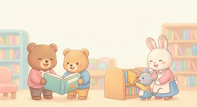 Librarians learning scene, Librarians community scene, neighbors helping each other, gentle pastel illustration designed for ages 3-4, rounded shapes, caring expressions, text-free illustration with clean unmarked background, balanced composition, soft cinematic lighting, harmonious color palette, inviting and joyful mood