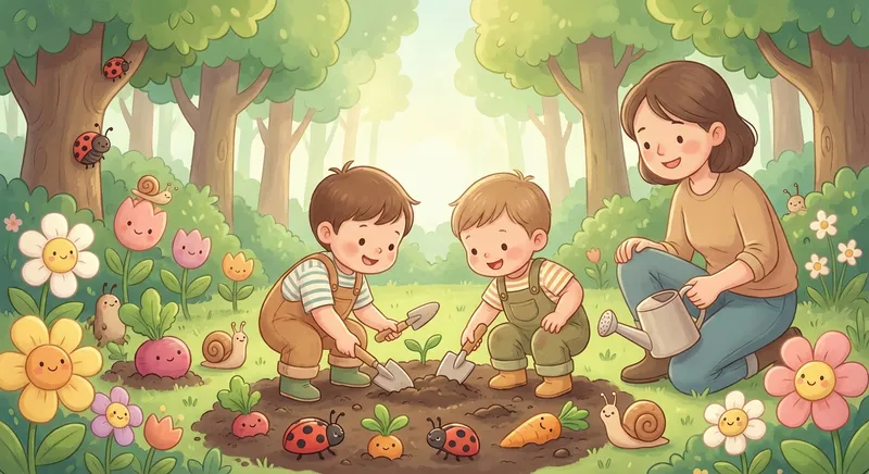 Little Adventures with Dirt learning scene, Little Adventures with Dirt scene in vibrant nature, lush and lively surroundings, gentle pastel illustration designed for ages 3-4, rounded shapes, caring expressions, text-free illustration with clean unmarked background, balanced composition, soft cinematic lighting, harmonious color palette, inviting and joyful mood