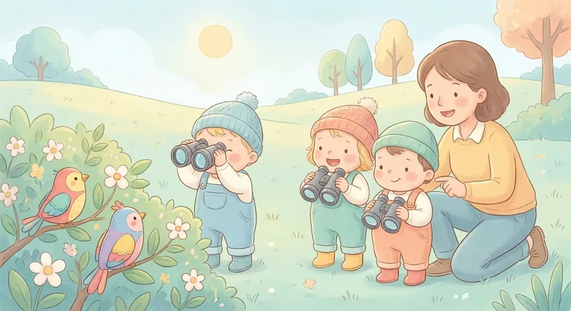 Little Bird Watchers learning scene, Little Bird Watchers learning scene filled with curiosity and joy, gentle pastel illustration designed for ages 3-4, rounded shapes, caring expressions, text-free illustration with clean unmarked background, balanced composition, soft cinematic lighting, harmonious color palette, inviting and joyful mood