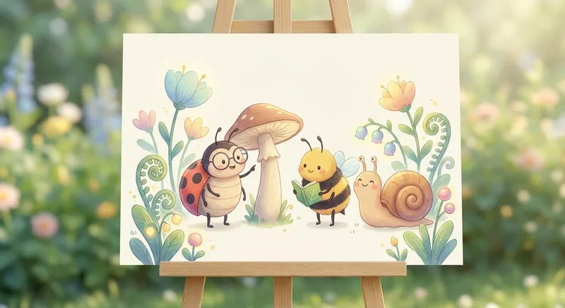 Little Bug Friends learning scene, Little Bug Friends scene in vibrant nature, lush and lively surroundings, gentle pastel illustration designed for ages 3-4, rounded shapes, caring expressions, text-free illustration with clean unmarked background, balanced composition, soft cinematic lighting, harmonious color palette, inviting and joyful mood