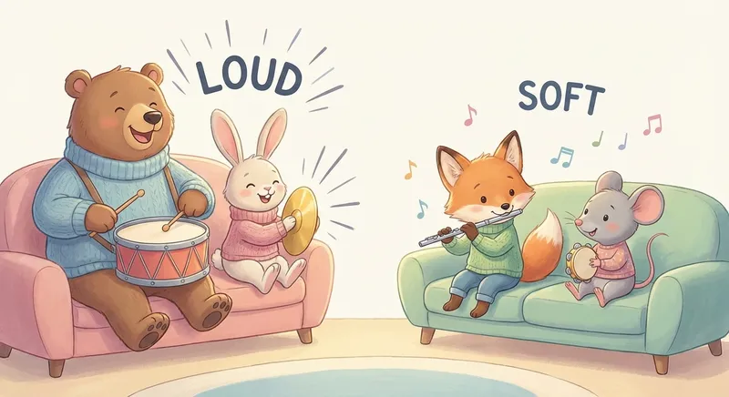 Loud and Soft in Music learning scene, Loud and Soft in Music music jam session, cheerful instruments and rhythm, gentle pastel illustration designed for ages 3-4, rounded shapes, caring expressions, text-free illustration with clean unmarked background, balanced composition, soft cinematic lighting, harmonious color palette, inviting and joyful mood