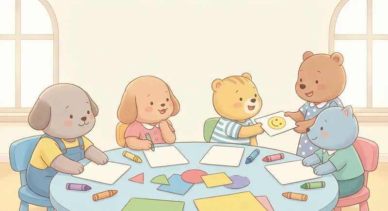 Make a Happy Card learning scene, Make a Happy Card art activity, colorful studio energy and creativity, gentle pastel illustration designed for ages 3-4, rounded shapes, caring expressions, text-free illustration with clean unmarked background, balanced composition, soft cinematic lighting, harmonious color palette, inviting and joyful mood