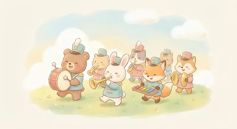 Marching Music Fun learning scene, Marching Music Fun music jam session, cheerful instruments and rhythm, gentle pastel illustration designed for ages 3-4, rounded shapes, caring expressions, text-free illustration with clean unmarked background, balanced composition, soft cinematic lighting, harmonious color palette, inviting and joyful mood