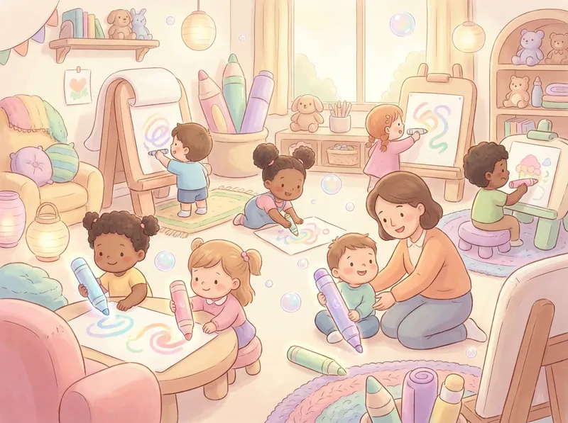 Markers Magic Sticks for Colorful Fun learning scene, Markers Magic Sticks for Colorful Fun art activity, colorful studio energy and creativity, gentle pastel illustration designed for ages 3-4, rounded shapes, caring expressions, text-free illustration with clean unmarked background, balanced composition, soft cinematic lighting, harmonious color palette, inviting and joyful mood