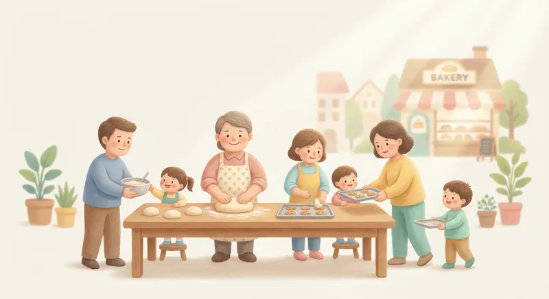 Meet the Baker learning scene, Meet the Baker community scene, neighbors helping each other, gentle pastel illustration designed for ages 3-4, rounded shapes, caring expressions, text-free illustration with clean unmarked background, balanced composition, soft cinematic lighting, harmonious color palette, inviting and joyful mood