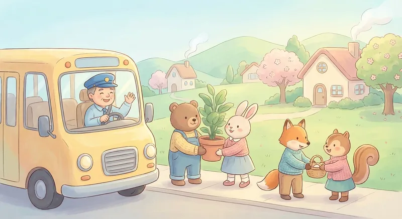 Meet the Friendly Bus Driver learning scene, Meet the Friendly Bus Driver community scene, neighbors helping each other, gentle pastel illustration designed for ages 3-4, rounded shapes, caring expressions, text-free illustration with clean unmarked background, balanced composition, soft cinematic lighting, harmonious color palette, inviting and joyful mood