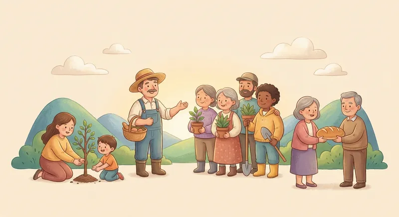 Meet the Friendly Farmer learning scene, Meet the Friendly Farmer community scene, neighbors helping each other, gentle pastel illustration designed for ages 3-4, rounded shapes, caring expressions, text-free illustration with clean unmarked background, balanced composition, soft cinematic lighting, harmonious color palette, inviting and joyful mood