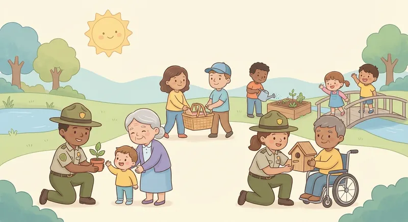 Meet the Park Rangers learning scene, Meet the Park Rangers community scene, neighbors helping each other, gentle pastel illustration designed for ages 3-4, rounded shapes, caring expressions, text-free illustration with clean unmarked background, balanced composition, soft cinematic lighting, harmonious color palette, inviting and joyful mood