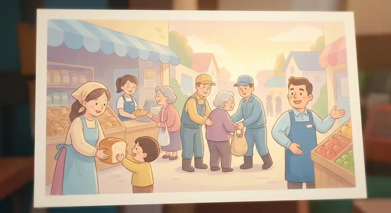 Meet the Store Workers learning scene, Meet the Store Workers community scene, neighbors helping each other, gentle pastel illustration designed for ages 3-4, rounded shapes, caring expressions, text-free illustration with clean unmarked background, balanced composition, soft cinematic lighting, harmonious color palette, inviting and joyful mood