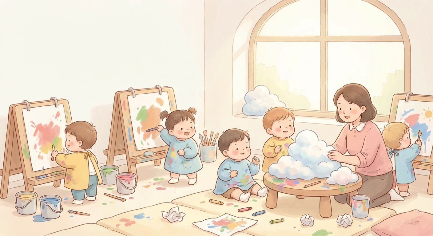 Messy Art learning scene, Messy Art art activity, colorful studio energy and creativity, gentle pastel illustration designed for ages 3-4, rounded shapes, caring expressions, text-free illustration with clean unmarked background, balanced composition, soft cinematic lighting, harmonious color palette, inviting and joyful mood
