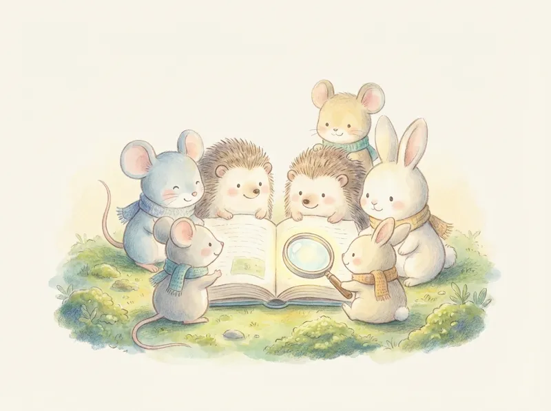 Mighty Little Mice learning scene, Mighty Little Mice animals discovering together, joyful storybook moment, gentle pastel illustration designed for ages 3-4, rounded shapes, caring expressions, text-free illustration with clean unmarked background, balanced composition, soft cinematic lighting, harmonious color palette, inviting and joyful mood