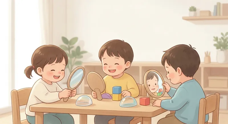 Mirror Magic learning scene, Mirror Magic experiment underway, curious kids collaborating, gentle pastel illustration designed for ages 3-4, rounded shapes, caring expressions, text-free illustration with clean unmarked background, balanced composition, soft cinematic lighting, harmonious color palette, inviting and joyful mood