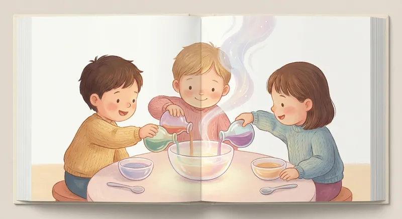 Mixing Magic learning scene, Mixing Magic experiment underway, curious kids collaborating, gentle pastel illustration designed for ages 3-4, rounded shapes, caring expressions, text-free illustration with clean unmarked background, balanced composition, soft cinematic lighting, harmonious color palette, inviting and joyful mood