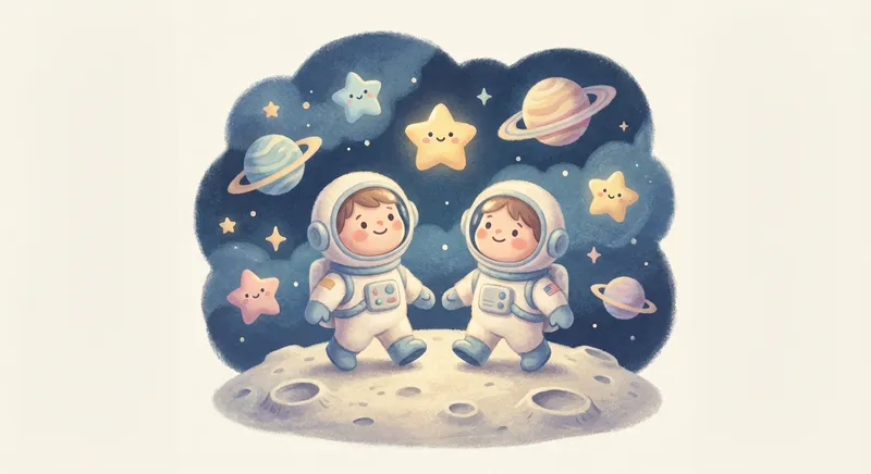 Moon Walk Adventure learning scene, Moon Walk Adventure space adventure, stars and planets inspiring wonder, gentle pastel illustration designed for ages 3-4, rounded shapes, caring expressions, text-free illustration with clean unmarked background, balanced composition, soft cinematic lighting, harmonious color palette, inviting and joyful mood